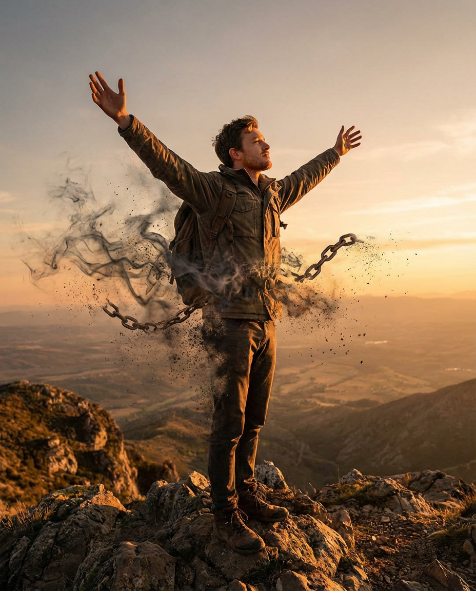 Image of a man on a mountain top with arms raised and chains wrapped around him, but they are breaking up and fading away.